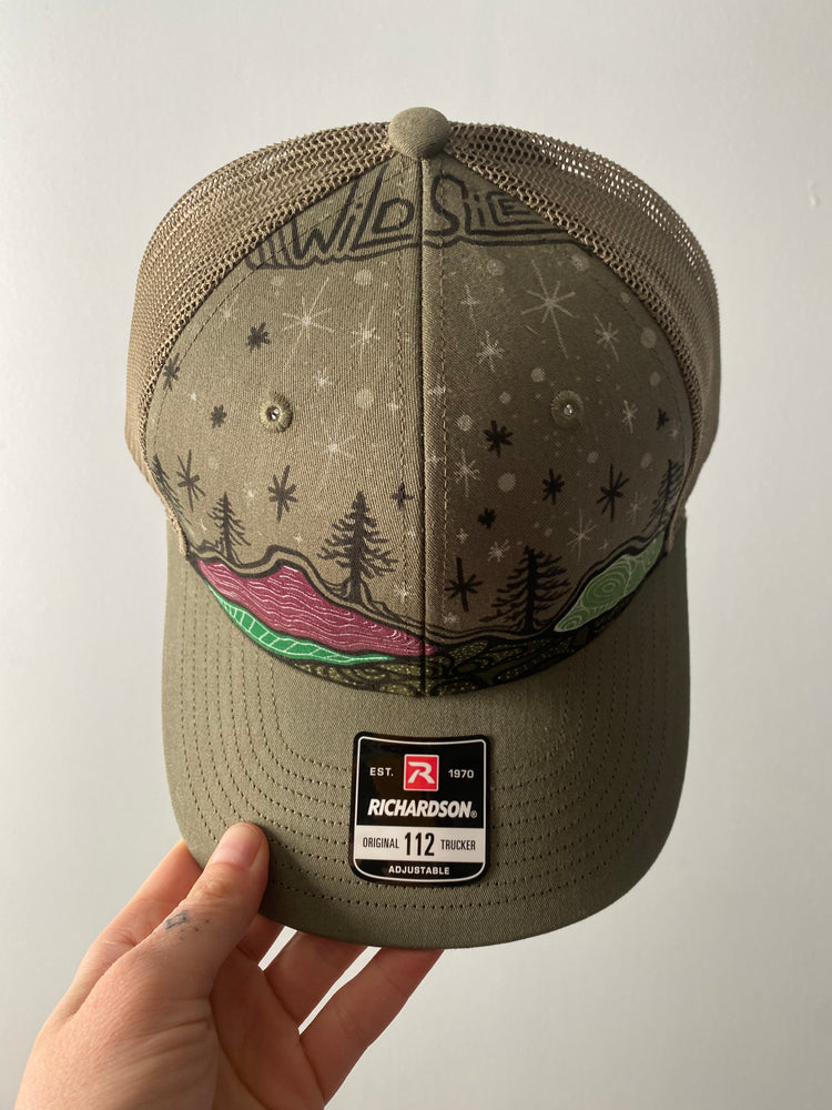 Green and Purple Mountain trucker hat + free sticker