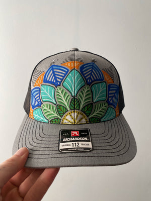 Green/Blue Geometric Mandala trucker hat + free sticker