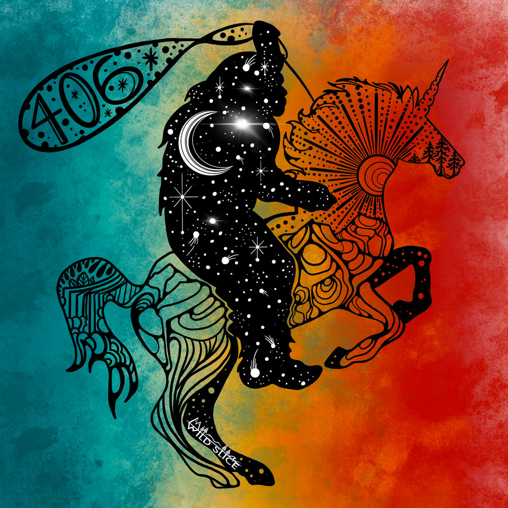 Custom art for ROCKIN Rudy’s Bigfoot riding unicorn colorized